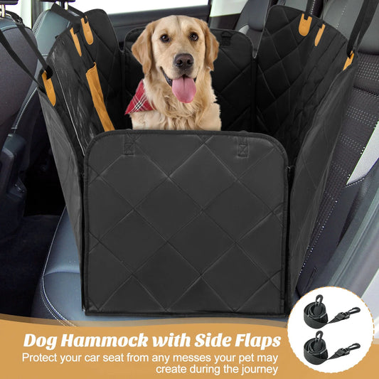 Dog on black car seat hammock with mesh window – HappyPawsCo UK car travel gear