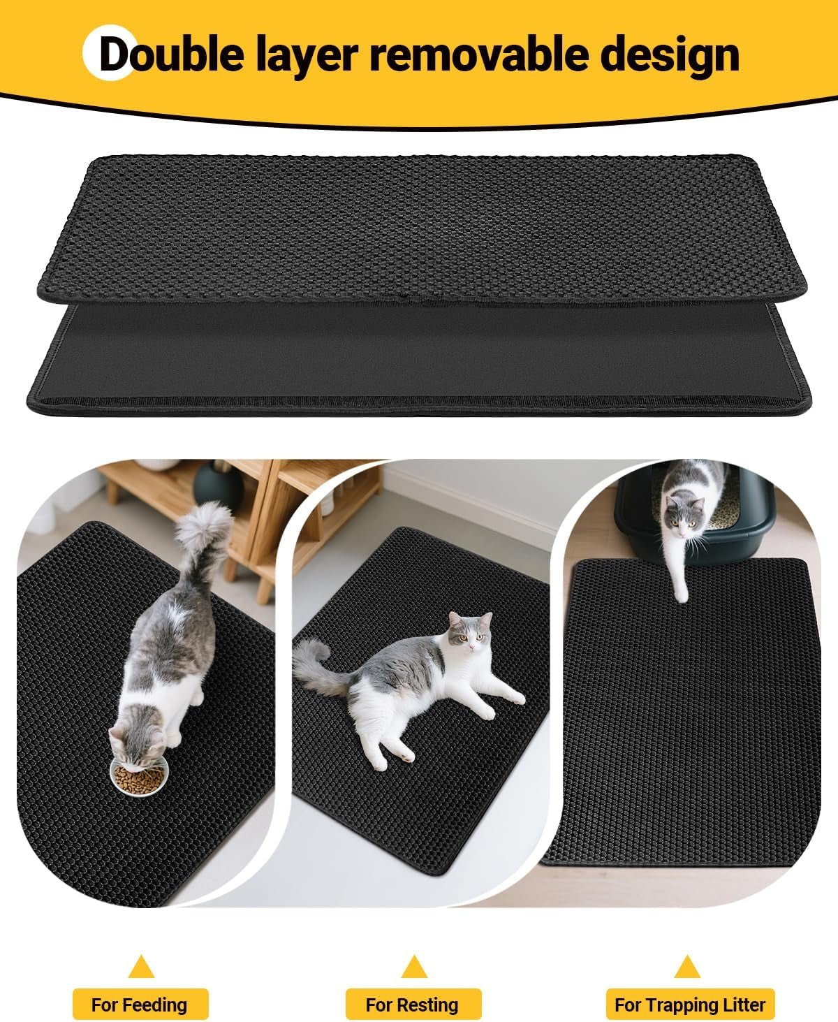 Cat Litter Mat 90 X 60 Cm Large Litter Trapping Mat Double Layer Waterproof Cat Litter Tray Mat Honeycomb Holes Design Cat Mat Non-Toxic Nonslip Black