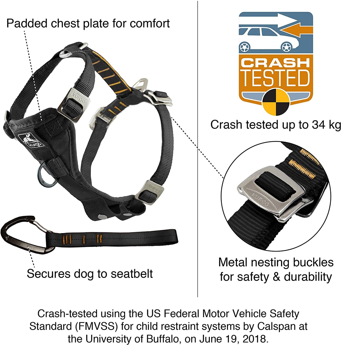 Enhanced Strength Tru-Fit Dog Car Harness, Crash Tested, Steel Nesting Buckles, Includes Seatbelt Tether, Medium-Black