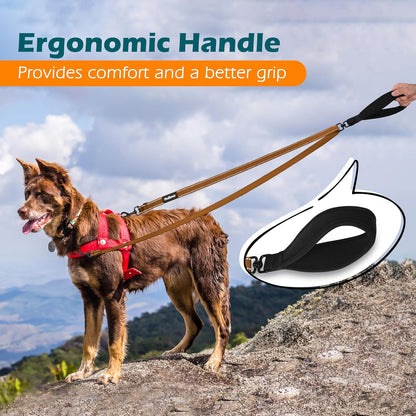 Two Point Control Dog Lead, Works with No Pull Harnesses, No Tangle Training Leads, Soft Padded and Reflective Walking Lead, Converts to Single Lead for Medium Large Dogs (Brown)