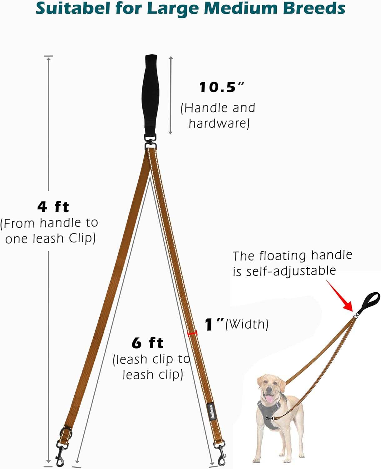 Two Point Control Dog Lead, Works with No Pull Harnesses, No Tangle Training Leads, Soft Padded and Reflective Walking Lead, Converts to Single Lead for Medium Large Dogs (Brown)