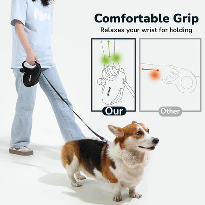 Retractable Dog Leash with Poo Bag Holder, 10M/32Ft Extended Dog Leash with 360° Tangle-Free, Anti-Slip Handle and Quick Brake Button, Suitable for Dogs up to 110Lbs/50Kg in Weight