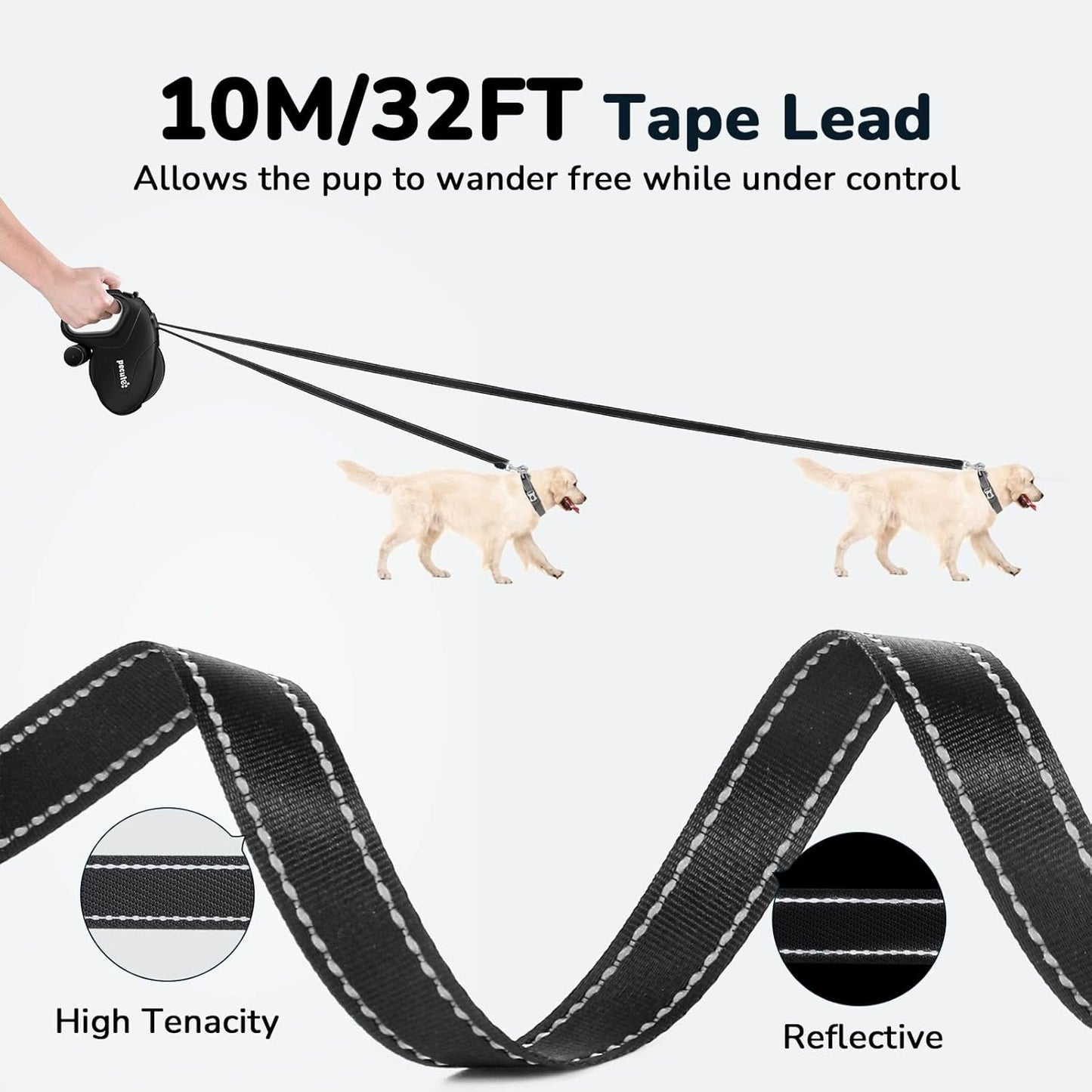 Retractable Dog Leash with Poo Bag Holder, 10M/32Ft Extended Dog Leash with 360° Tangle-Free, Anti-Slip Handle and Quick Brake Button, Suitable for Dogs up to 110Lbs/50Kg in Weight