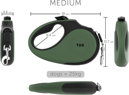 360° Tangle-Free Retractable Dog Lead for up to 25 Kg Dogs | 5 M Strong Nylon Tape/Ribbon | One-Handed Brake, Pause, Lock (Medium, Green)