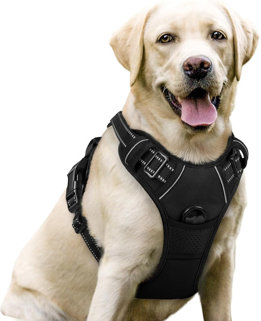 Dog Harness Large Dog No Pull Pet Harness with 2 Leash Clips, Adjustable Soft Padded Pet Vest Harness, Reflective No-Choke with Easy Control Handle for Training or Walking, Black, L