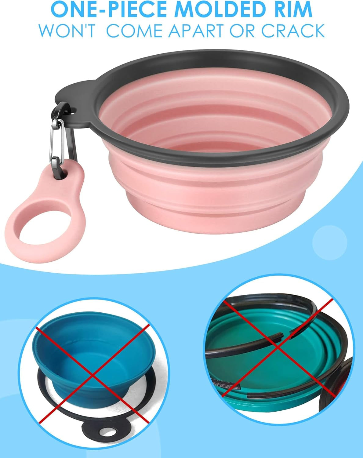 Collapsible Dog Bowls with Bottle Carrier, 2 Pack Travel Dog Water Bowl with Upgraded Carabiner, One-Piece Molded Rim No Fall off or Crack (Gray/Pink, Large(Pack of 2))