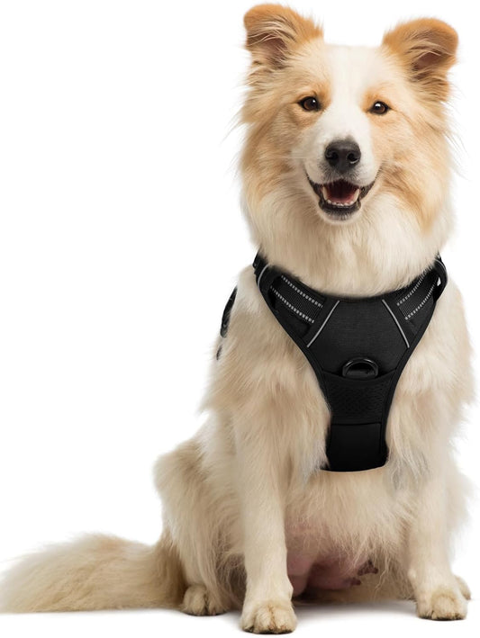 Dog Harness Medium No Pull Pet Harness with 2 Leash Clips, Adjustable Soft Padded Pet Vest Harness, Reflective No-Choke with Easy Control Handle for Training or Walking, Black, M