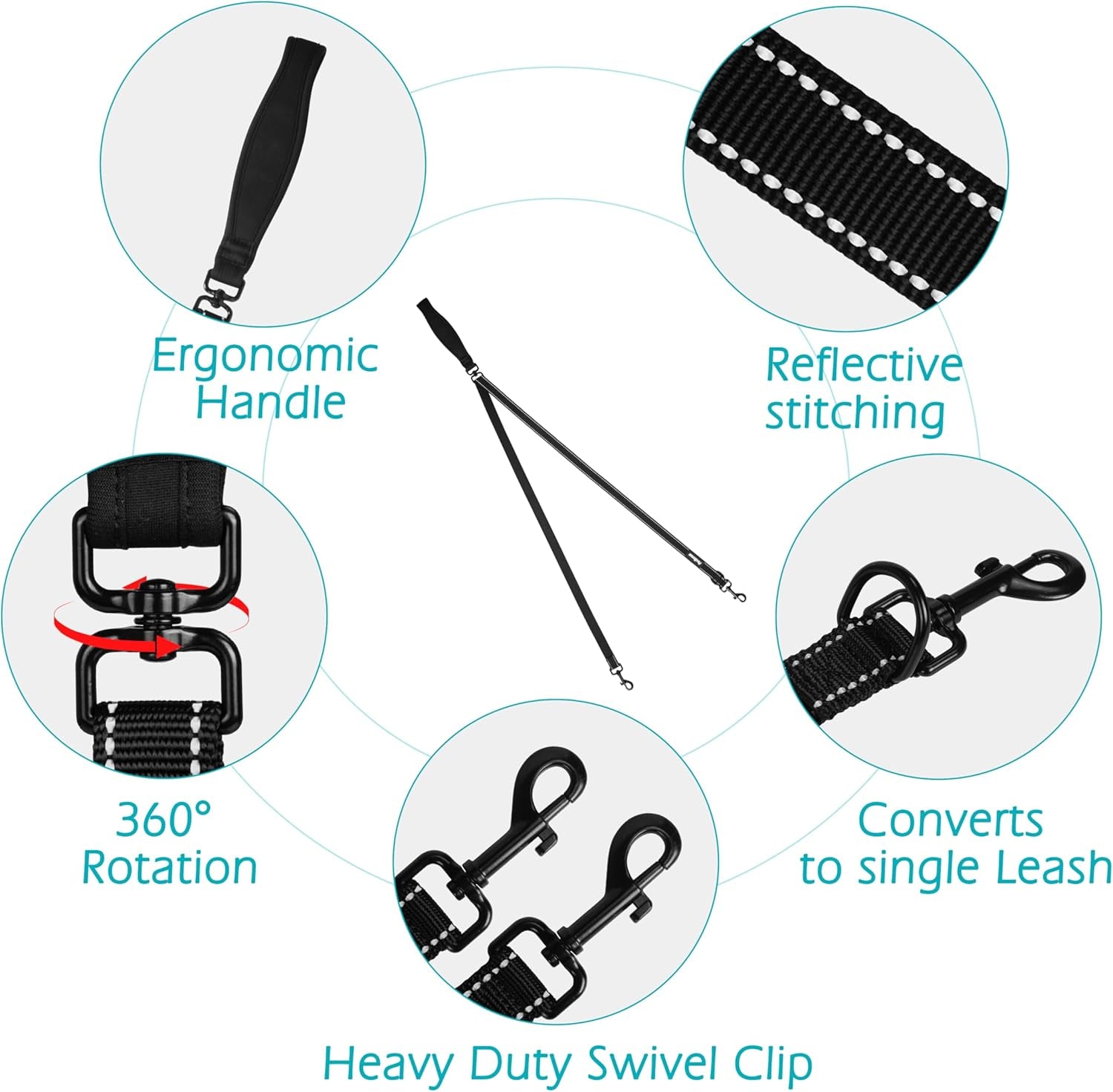 Two Point Control Dog Lead, Works with No Pull Harnesses, No Tangle Training Leads, Soft Padded and Reflective Walking Lead, Converts to Single Lead for Medium Large Dogs (Black)