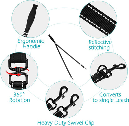 Two Point Control Dog Lead, Works with No Pull Harnesses, No Tangle Training Leads, Soft Padded and Reflective Walking Lead, Converts to Single Lead for Medium Large Dogs (Black)