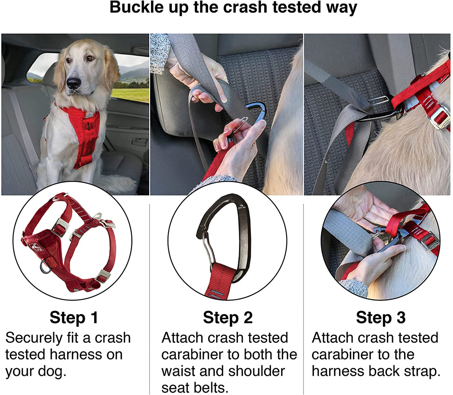 Enhanced Strength Tru-Fit Dog Car Harness, Crash Tested, Steel Nesting Buckles, Includes Seatbelt Tether, Medium-Black
