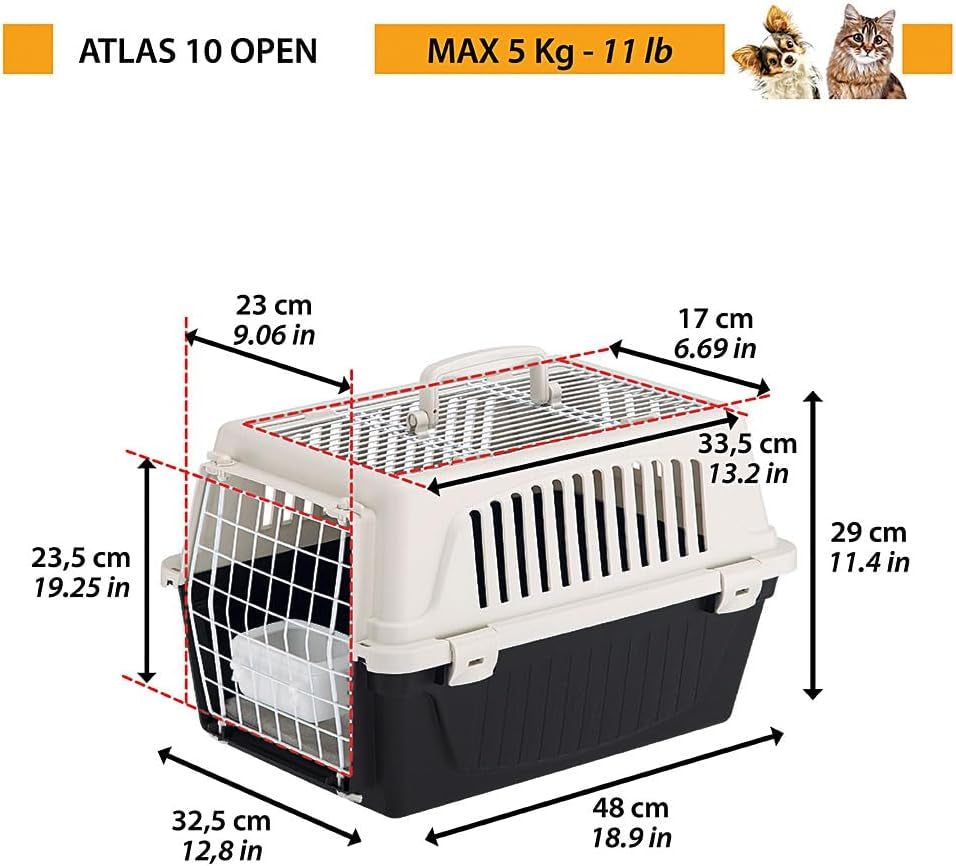 Cat Carrier Small Dog Carrier, Double Opening, Secure, Practical, Easy to Clean, Durable Pet Travel Box up to 5 Kg, Includes Cushion, 48 X 32.5 X H 29 Cm.