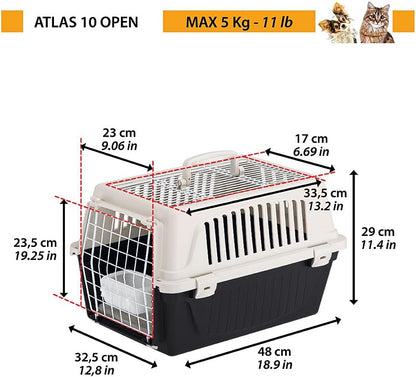 Cat Carrier Small Dog Carrier, Double Opening, Secure, Practical, Easy to Clean, Durable Pet Travel Box up to 5 Kg, Includes Cushion, 48 X 32.5 X H 29 Cm.