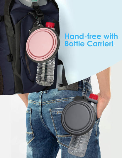 Collapsible Dog Bowls with Bottle Carrier, 2 Pack Travel Dog Water Bowl with Upgraded Carabiner, One-Piece Molded Rim No Fall off or Crack (Gray/Pink, Large(Pack of 2))