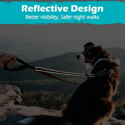 Two Point Control Dog Lead, Works with No Pull Harnesses, No Tangle Training Leads, Soft Padded and Reflective Walking Lead, Converts to Single Lead for Medium Large Dogs (Brown)