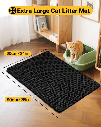 Cat Litter Mat 90 X 60 Cm Large Litter Trapping Mat Double Layer Waterproof Cat Litter Tray Mat Honeycomb Holes Design Cat Mat Non-Toxic Nonslip Black