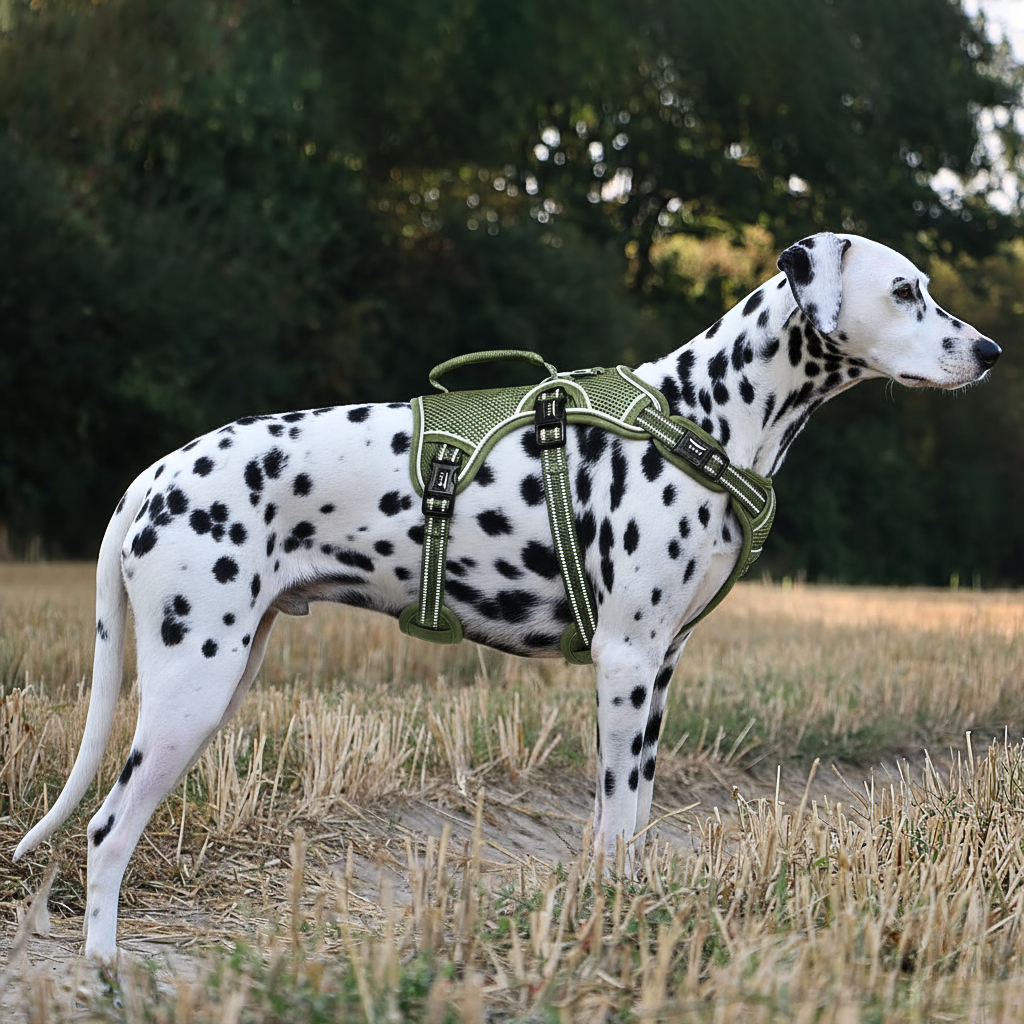 Dalmatian wearing reflective no-pull harness – HappyPawsCo UK pet travel gear.