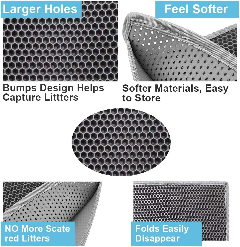 Cat Litter Mat Litter Tray Mat of Large Size Double Layer Honeycomb Large Holes Design EVA Material Non-Bpa, Soft on Paws and Washable (76X61Cm Gray)