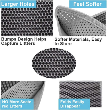 Cat Litter Mat Litter Tray Mat of Large Size Double Layer Honeycomb Large Holes Design EVA Material Non-Bpa, Soft on Paws and Washable (76X61Cm Gray)