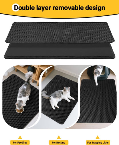 Cat Litter Mat 90 X 60 Cm Large Litter Trapping Mat Double Layer Waterproof Cat Litter Tray Mat Honeycomb Holes Design Cat Mat Non-Toxic Nonslip Black