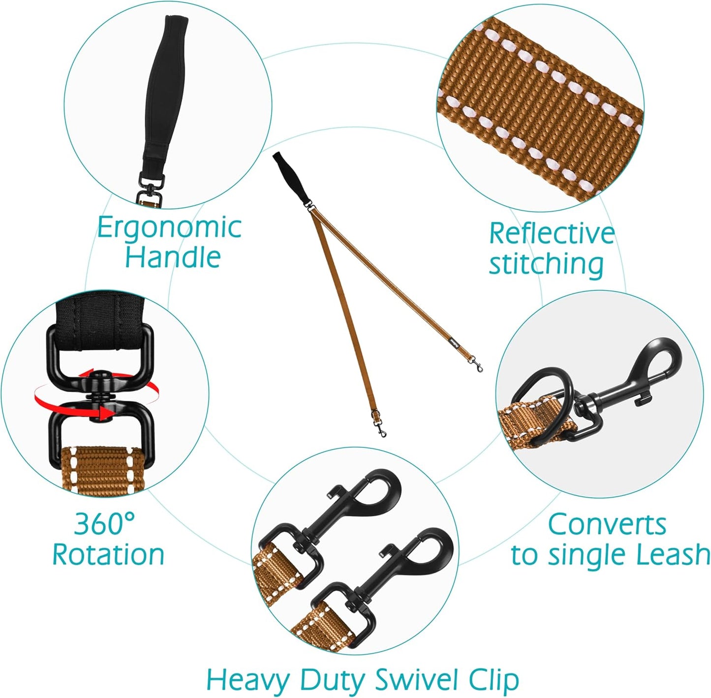 Two Point Control Dog Lead, Works with No Pull Harnesses, No Tangle Training Leads, Soft Padded and Reflective Walking Lead, Converts to Single Lead for Medium Large Dogs (Brown)