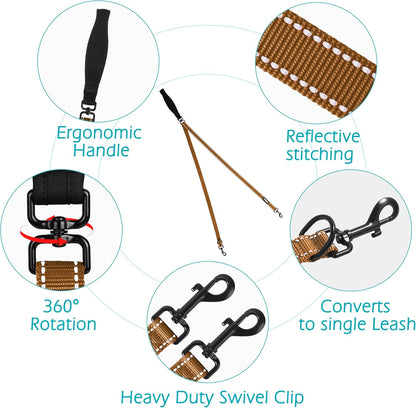 Two Point Control Dog Lead, Works with No Pull Harnesses, No Tangle Training Leads, Soft Padded and Reflective Walking Lead, Converts to Single Lead for Medium Large Dogs (Brown)