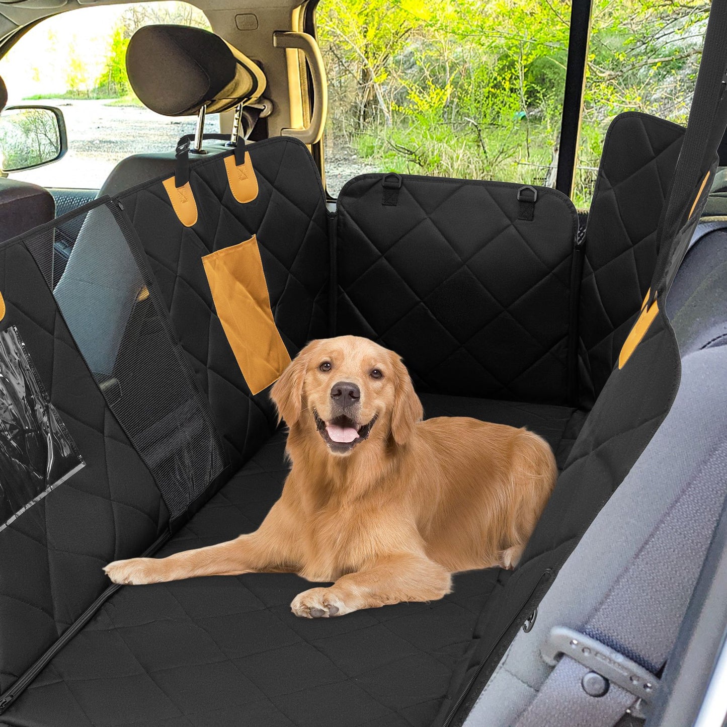 Dog on black car seat hammock with mesh window – HappyPawsCo UK car travel gear
