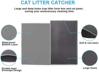 Cat Litter Mat Litter Tray Mat of Large Size Double Layer Honeycomb Large Holes Design EVA Material Non-Bpa, Soft on Paws and Washable (76X61Cm Gray)