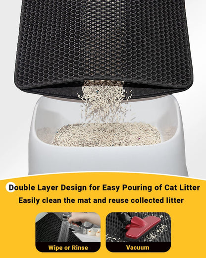 Cat Litter Mat 90 X 60 Cm Large Litter Trapping Mat Double Layer Waterproof Cat Litter Tray Mat Honeycomb Holes Design Cat Mat Non-Toxic Nonslip Black