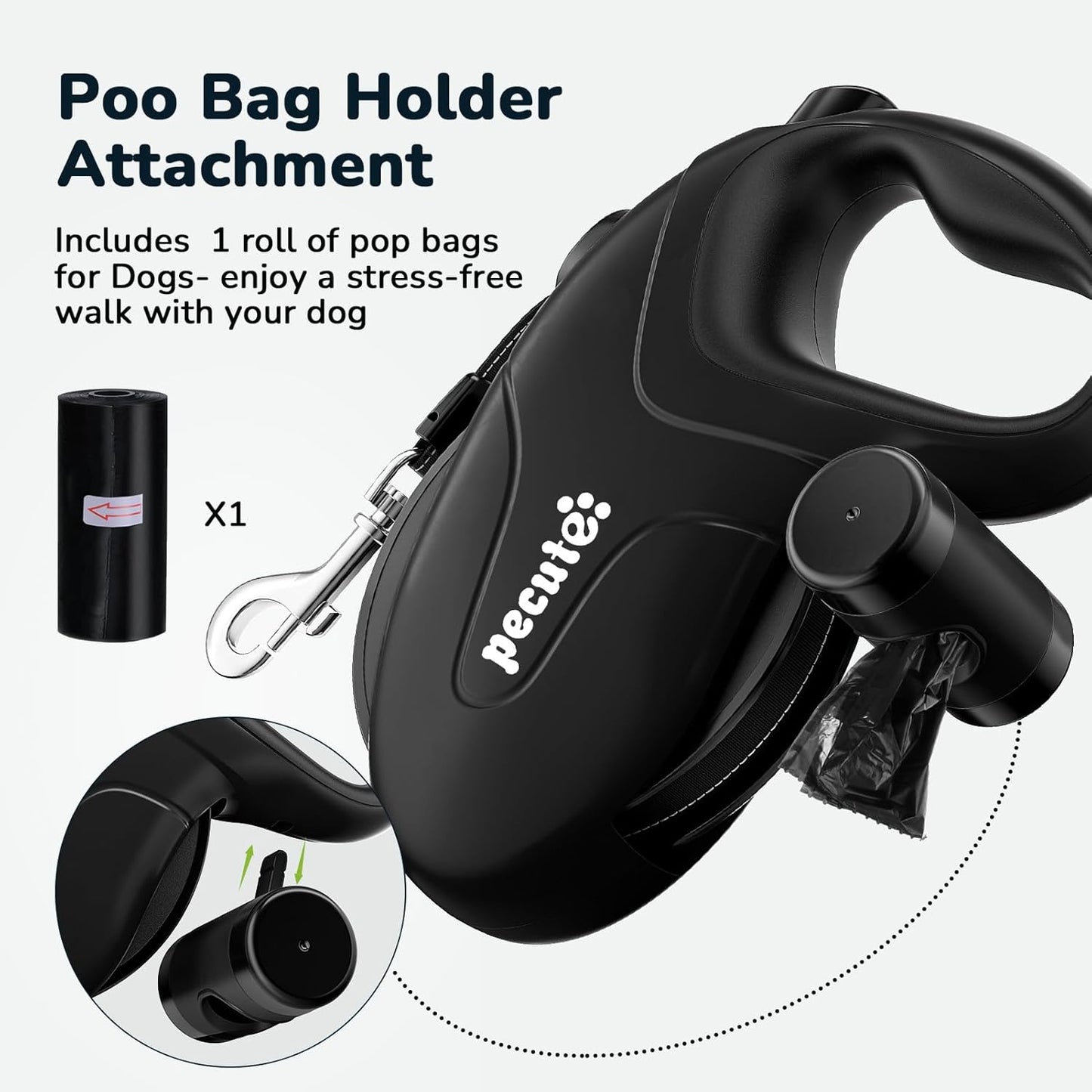 Retractable Dog Leash with Poo Bag Holder, 10M/32Ft Extended Dog Leash with 360° Tangle-Free, Anti-Slip Handle and Quick Brake Button, Suitable for Dogs up to 110Lbs/50Kg in Weight