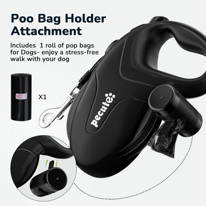 Retractable Dog Leash with Poo Bag Holder, 10M/32Ft Extended Dog Leash with 360° Tangle-Free, Anti-Slip Handle and Quick Brake Button, Suitable for Dogs up to 110Lbs/50Kg in Weight