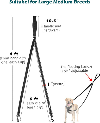 Two Point Control Dog Lead, Works with No Pull Harnesses, No Tangle Training Leads, Soft Padded and Reflective Walking Lead, Converts to Single Lead for Medium Large Dogs (Black)