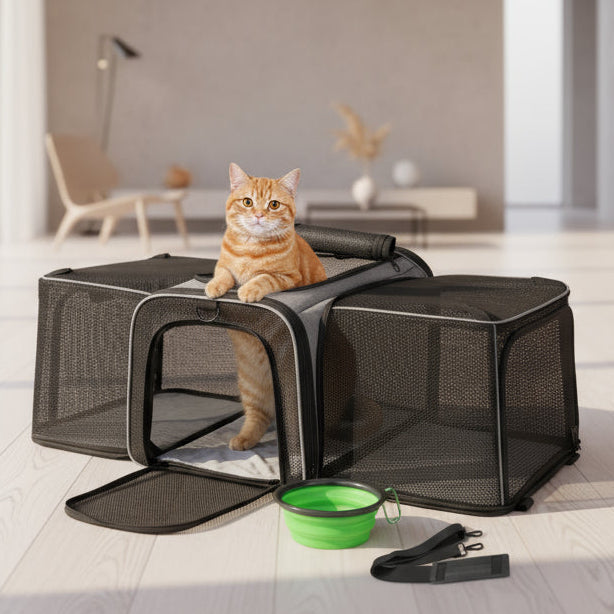 Cat in expandable pet carrier with airflow vents – HappyPawsCo UK travel carrier